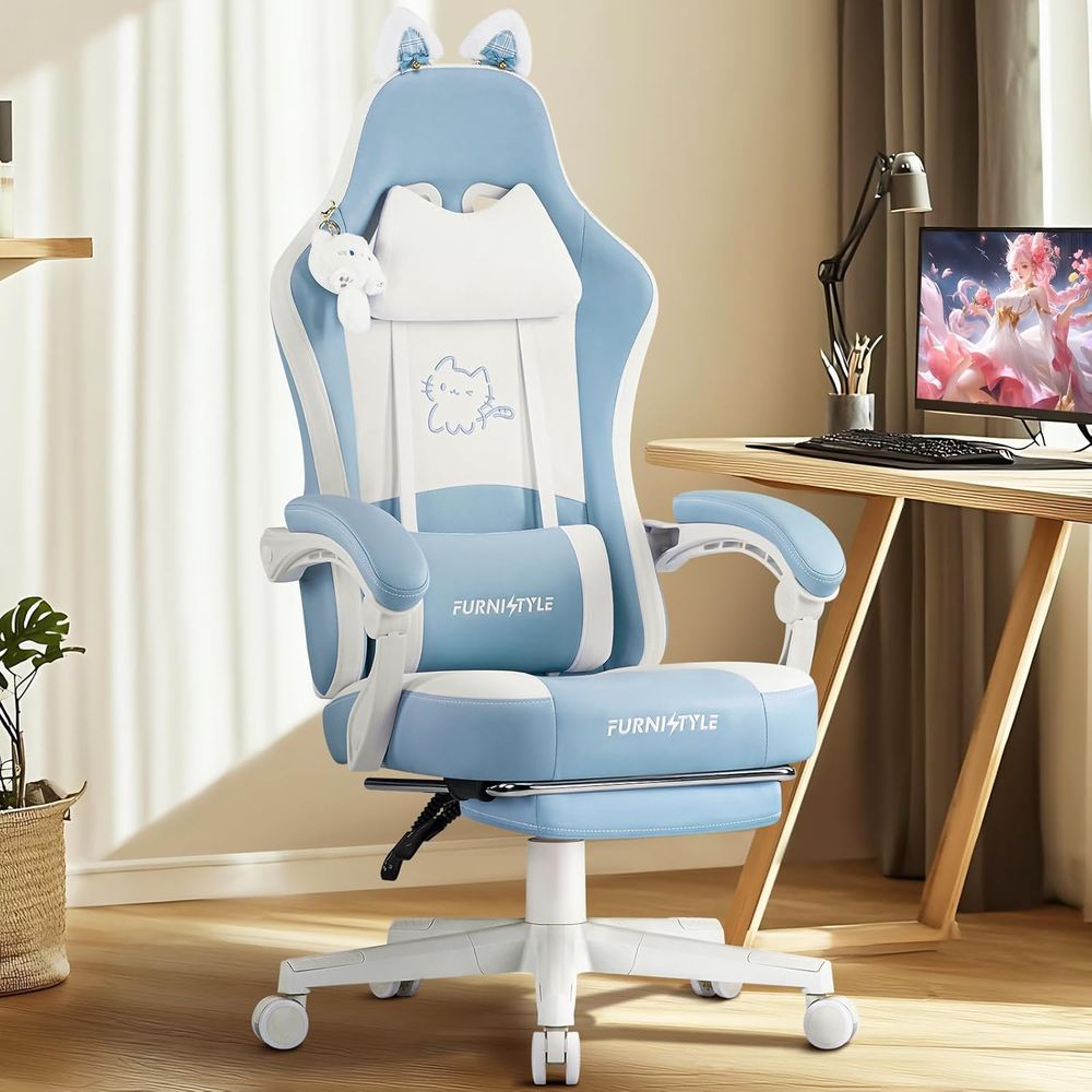 Massage - Kursi Gaming Ergonomis Biru/Putih dengan Penyangga